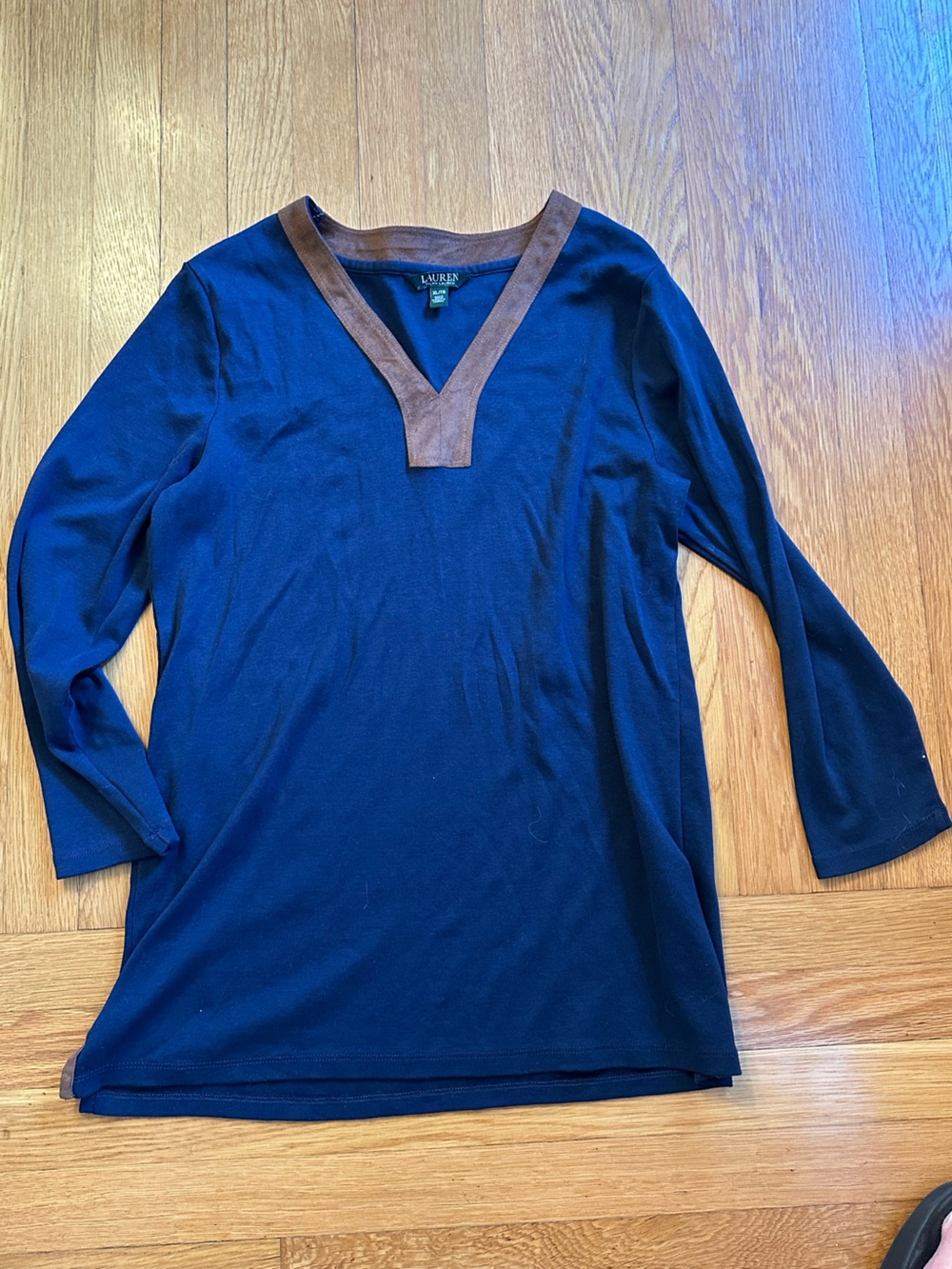 Lauren Ralph Lauren Navy Blue Long Sleeve V-Neck Tunic with Brown Trim preppy